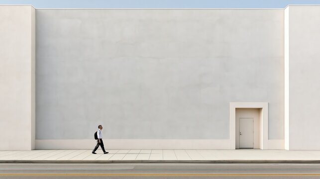 Man walking past blank wall with side door under overcast sky