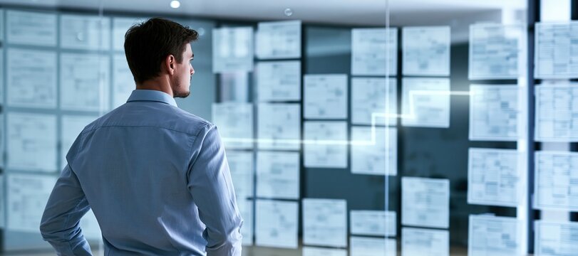 Operations manager analyzing transparent scenario matrix with highlighted decision path