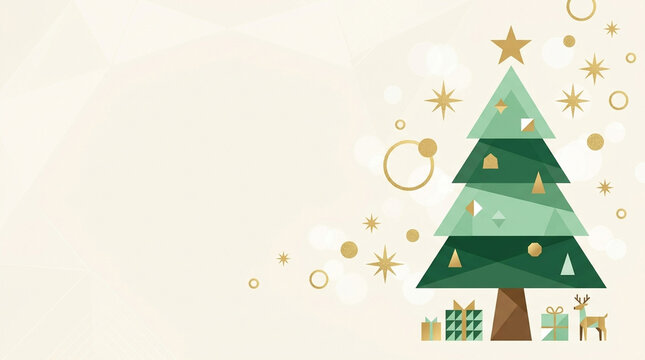 Christmas tree geometric shapes gift box star reindeer holiday decoration festive green gold celebration winter ornament abstract background seasonal present pine tree triangle sparkle light shiny