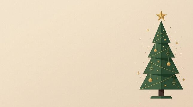 Minimal Christmas tree illustration elegant geometric Christmas tree position with golden star and ornaments on beige background, festive and simple holiday decoration design