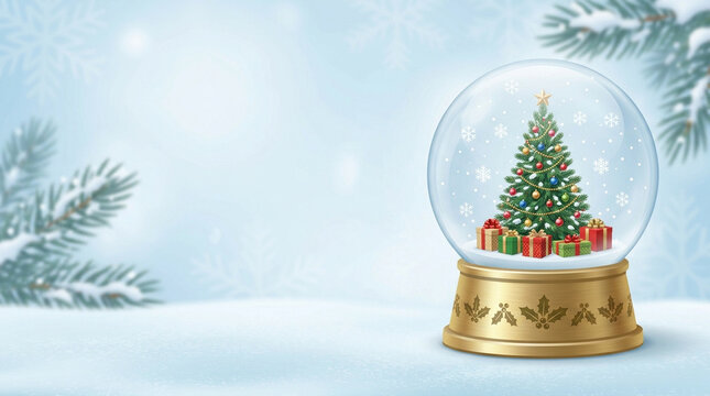 Christmas snow globe tree gift decoration winter holiday festive celebration ornament glass snowflake pine present seasonal shiny colorful green red gold star bauble background isolated