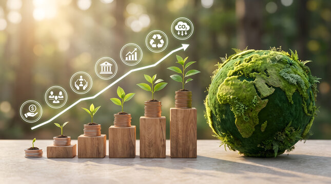 Green economy business growth featuring wooden bar chart with plants and carbon reduction icons for sustainable corporate strategy