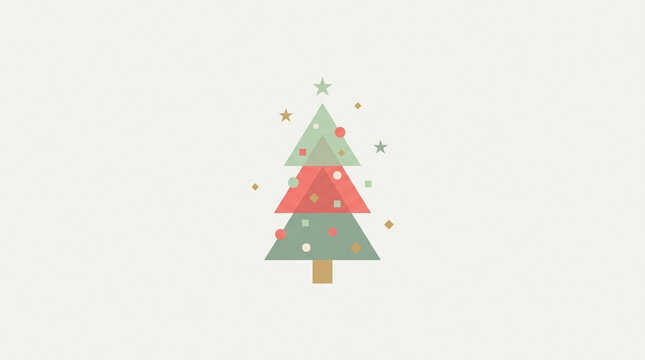 Minimal Christmas geometric illustration abstract Christmas tree made from triangles with colorful decorations and stars, festive holiday design with soft pastel colors