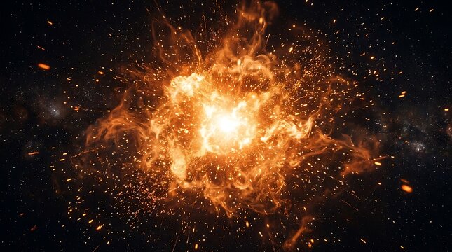 Powerful fire explosion with sparks on dark background.