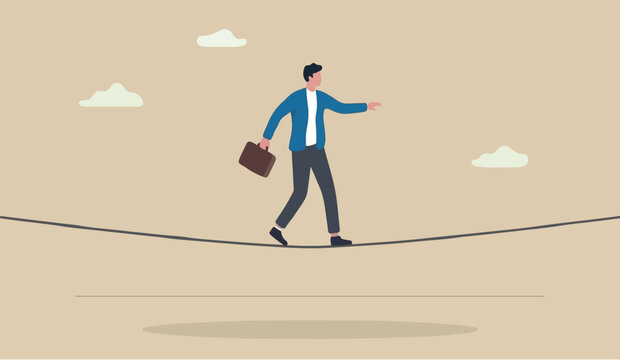 Business investment protection challenge, danger and difficulty to overcome to success in work and career concept, confident brave businessman ropewalker equilibrium walk on high tight rope
