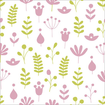 Seamless pattern of small wildflowers and leaves in pastel pink and green colors