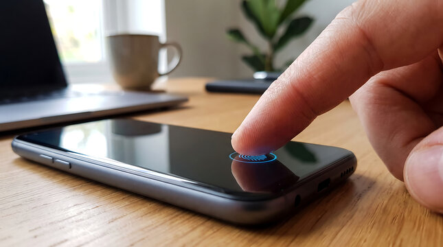 Person using biometric fingerprint sensor on modern smartphone screen for secure access