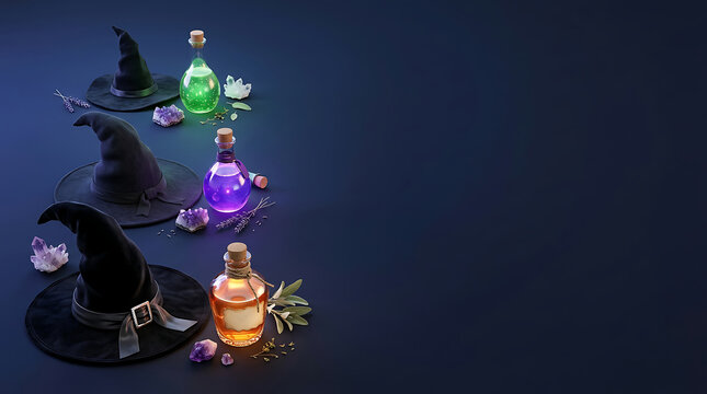 A mystical arrangement featuring three black witch hats, glowing magical potion bottles in green, purple, and orange, surrounded by sparkling crystals and dried lavender sprigs.