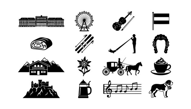 Black Silhouette Icon Set Representing Austrian Culture, Vienna Landmarks, Alpine Sports, and Traditional Food