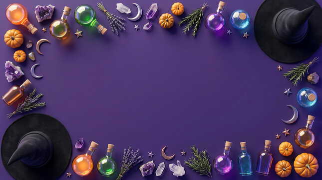 A mystical flat lay composition featuring witch hats, glowing potion bottles, crystals, pumpkins, lavender, and celestial stars arranged on a vibrant, deep purple background surface.