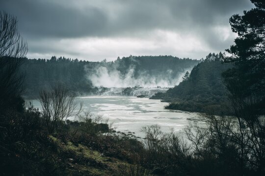 Water flows over rocks creating a waterfall while mist rises in the air. Trees line the riverbank and sky is gray