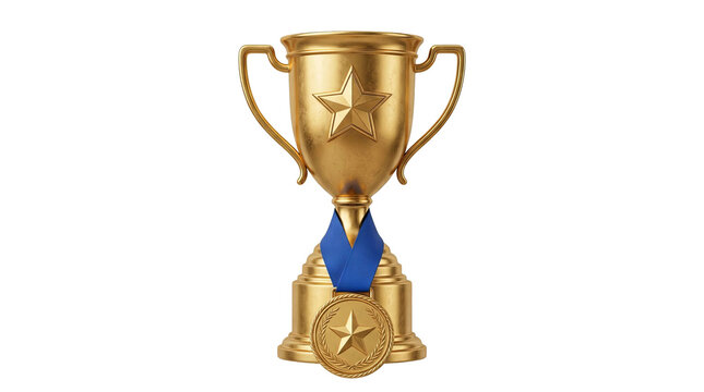 Golden trophy and medal with blue ribbon symbolizing achievement and victory