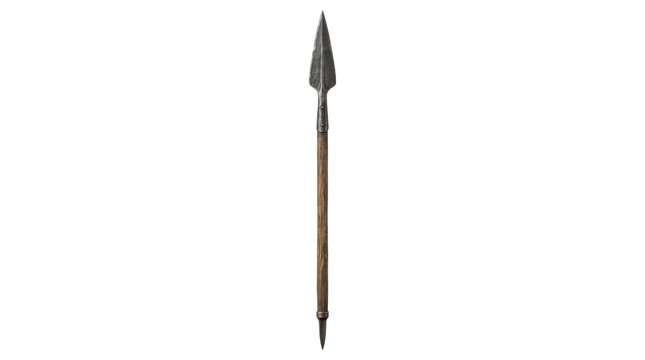 Ancient spear with a sharp metal head and a wooden shaft on a white background