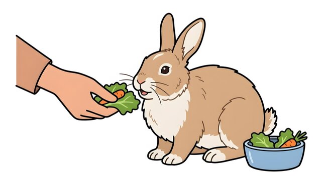 Cute brown rabbit eating greens. Young domestic bunny with human hand feeding carrot. Pet care illustration on white background. Adorable animal mascot.