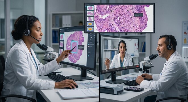 Two Doctors Reviewing Biopsy Through Inter Hospital Tele Expertise