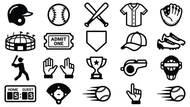 Set of black and white baseball icons and sport symbols