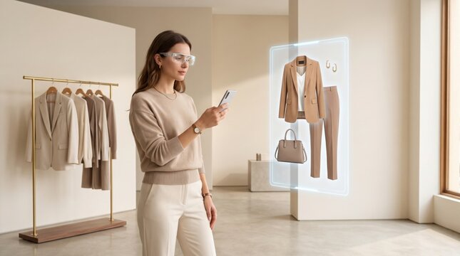 Young woman using augmented reality glasses to shop for clothes online