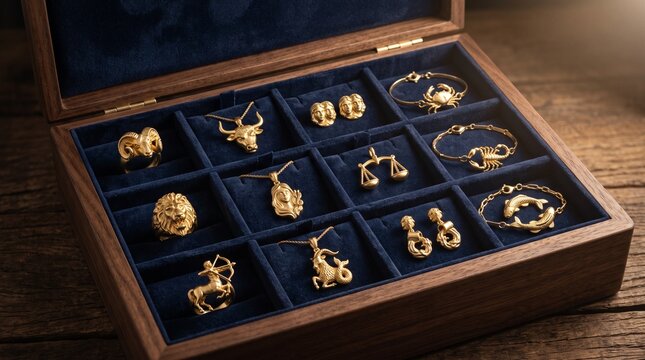 Wooden jewelry box filled with a collection of golden zodiac sign rings, necklaces, bracelets, and earrings