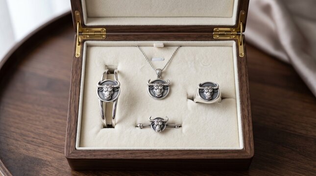 Silver Taurus bull head jewelry set including a necklace, cuff bracelet, ring, and brooch in a velvet box