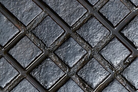 Wet cast iron manhole cover with diamond grid pattern and reflective surface