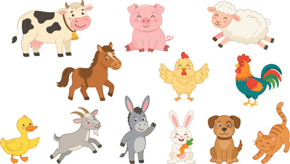 Obraz premium Cute Cartoon Farm Animal Character Vector Set featuring Cow, Pig, Sheep, Horse, Chicken, Duck, Goat, Donkey, Rabbit, Dog, and Cat Elements