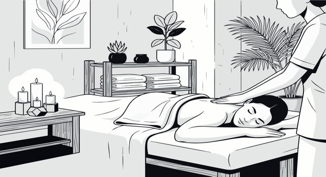 Relaxing spa massage therapy scene vector icon with therapist and client in wellness center environment illustration