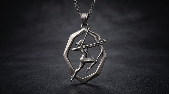 Matte silver Sagittarius archer pendant necklace framed in a geometric octagon shape on a dark backdrop