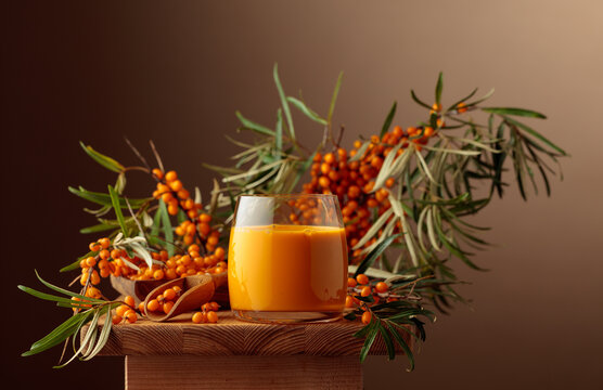 Glass of sea buckthorn juice on a wooden table.