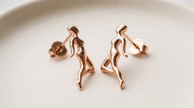 Minimalist rose gold stud earrings shaped like abstract artistic human figures on a ceramic surface