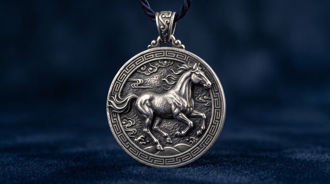 Intricately carved silver medallion pendant depicting a galloping horse with oriental wave and cloud patterns