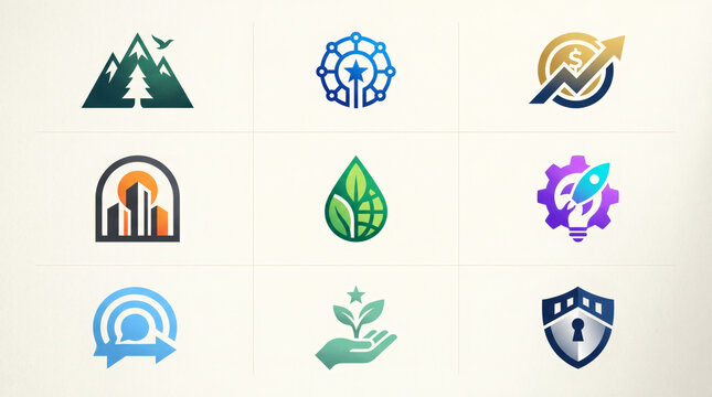 Set of 9 versatile brand logo marks covering mountain eco, network star, financial growth, startup rocket, and cyber security.