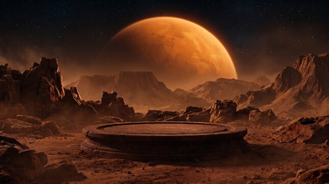 Empty circular product display stage on a rocky alien planet surface with a large orange moon