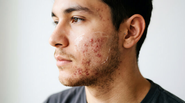 Man applying facial cream with beard and stubble face