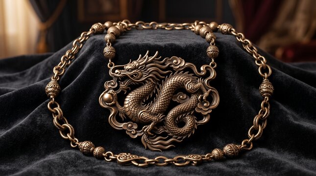 Antique bronze dragon pendant necklace displayed on dark black velvet fabric