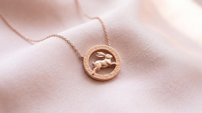 Elegant rose gold pendant necklace featuring a running rabbit framed in a circular floral medallion on silk