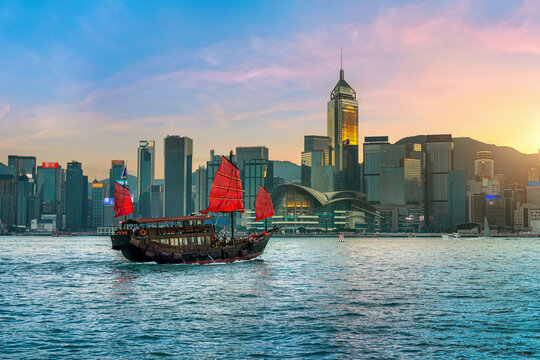 Hong Kong cityscapse at sunset.