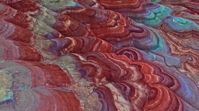 Aerial view of colorful Bentonite Hills at blue hour in Utah