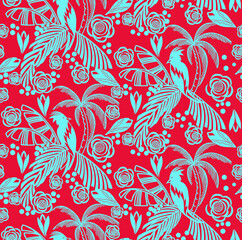 Intricate floral paisley pattern seamless background in vibrant red and blue tones © Wolfworker