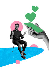 Fototapeta premium Vertical poster collage young cheerful man pointing finger gesture smartphone screen app dating app like feedback heart drawing background