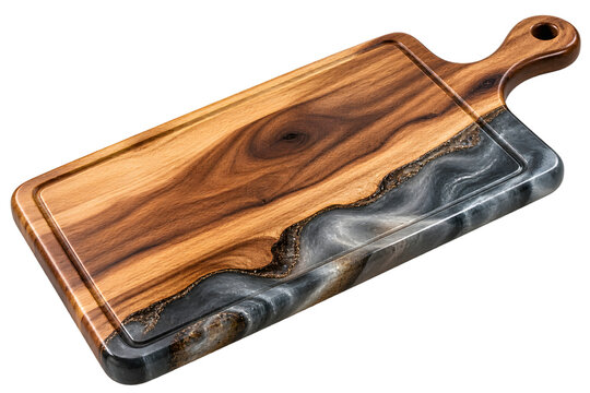 Ultra Realistic Large Wooden Bread Serving Board with Smoky Epoxy Resin Edge Isolated on Transparent Background PNG