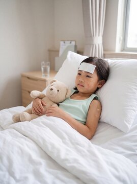 Young Asian Girl Resting in Bed with Teddy Bear