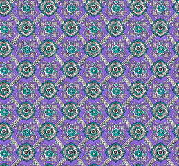 Seamless turquoise floral pattern on purple background with intricate mandala designs © Wolfworker