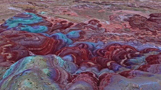 Aerial view of colorful Bentonite Hills at blue hour in Utah