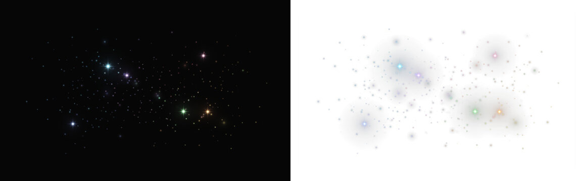 Abstract colorful sparkling stardust particles light effect on black and transparent background