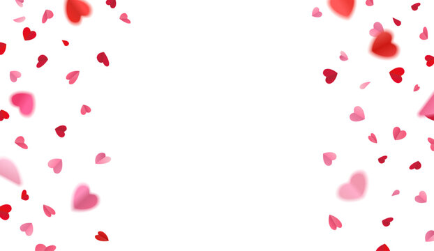 Vector decorative border with falling folded paper hearts  confetti in red and pink with space in the middle isolated on white background	
