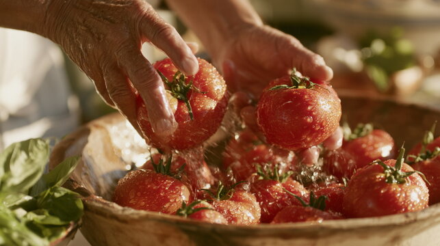 Fresh red tomatoes are washed by hand with herbs and clear water, creating a bright rustic kitchen scene focused on clean, healthy farm produce.