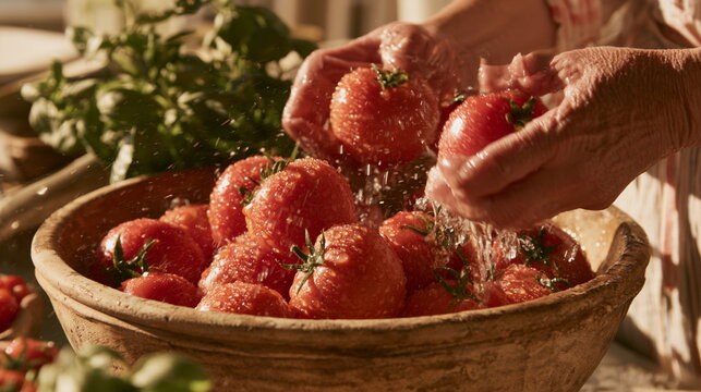 Fresh red tomatoes are washed by hand with herbs and clear water, creating a bright rustic kitchen scene focused on clean, healthy farm produce.