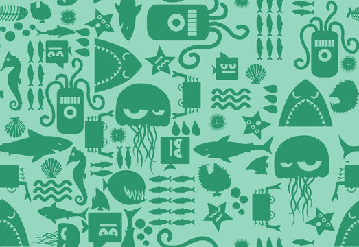 Colorful Marine Life Pattern with Fish and Ocean Elements for Design