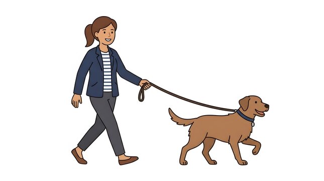 Cute cartoon illustration of woman walking dog. Young girl strolling with brown puppy on leash. Flat vector character for pet design.