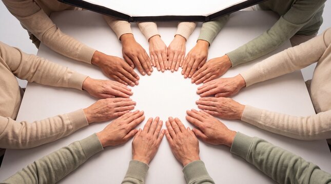 community engagement, a harmonious circle of diverse hands gently illuminated by soft overhead light